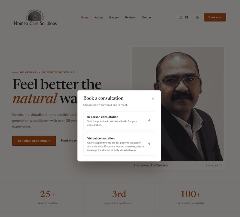 Homeo Care Solutions homepage with booking dialog